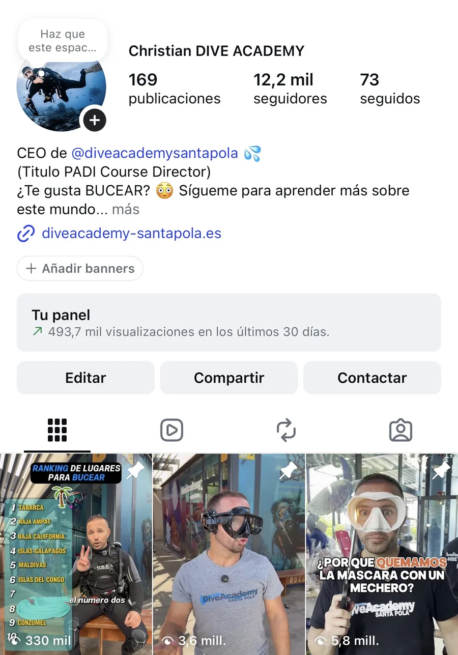 Captura real de la cuenta @christiandiveacademy