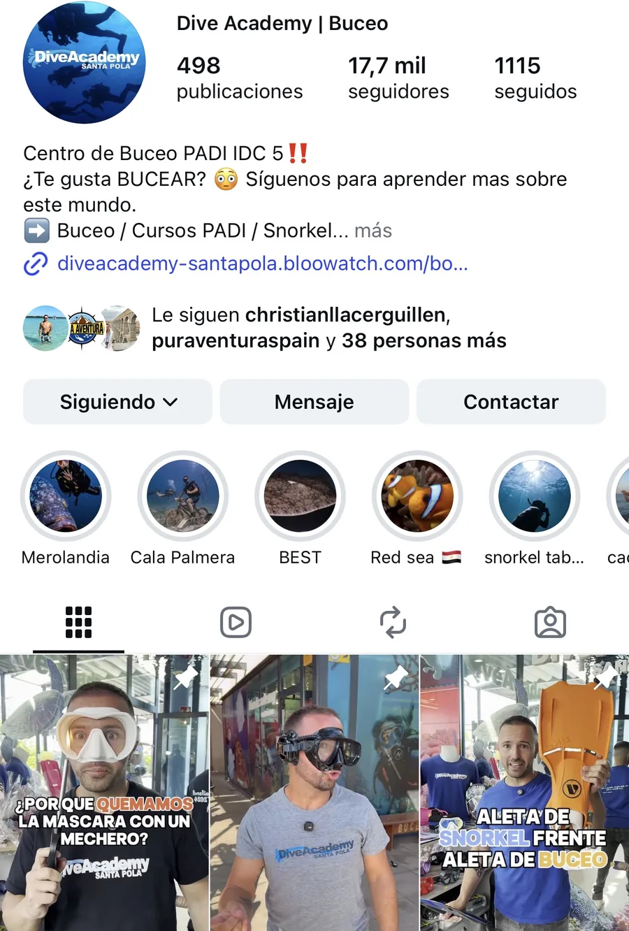 Captura real de la cuenta @christiandiveacademy